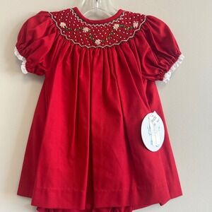 Luli & Me Red Smocked Holiday Dress Bloomers bonnet Set Baby Girl Size 9 Months